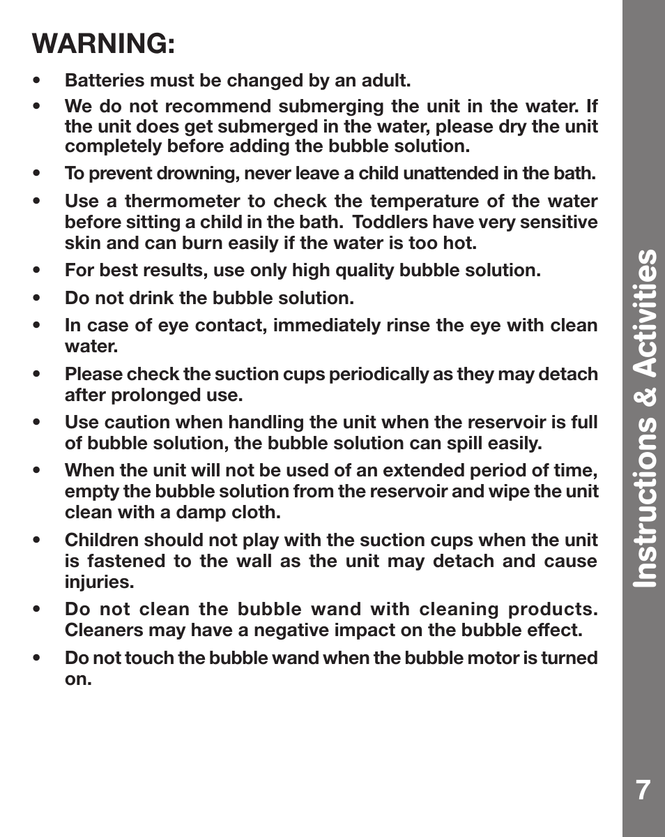Instructions & activities, 7warning | VTech MUSICAL BUBBLES OCTOPUS 91-002470-007 User Manual | Page 8 / 13