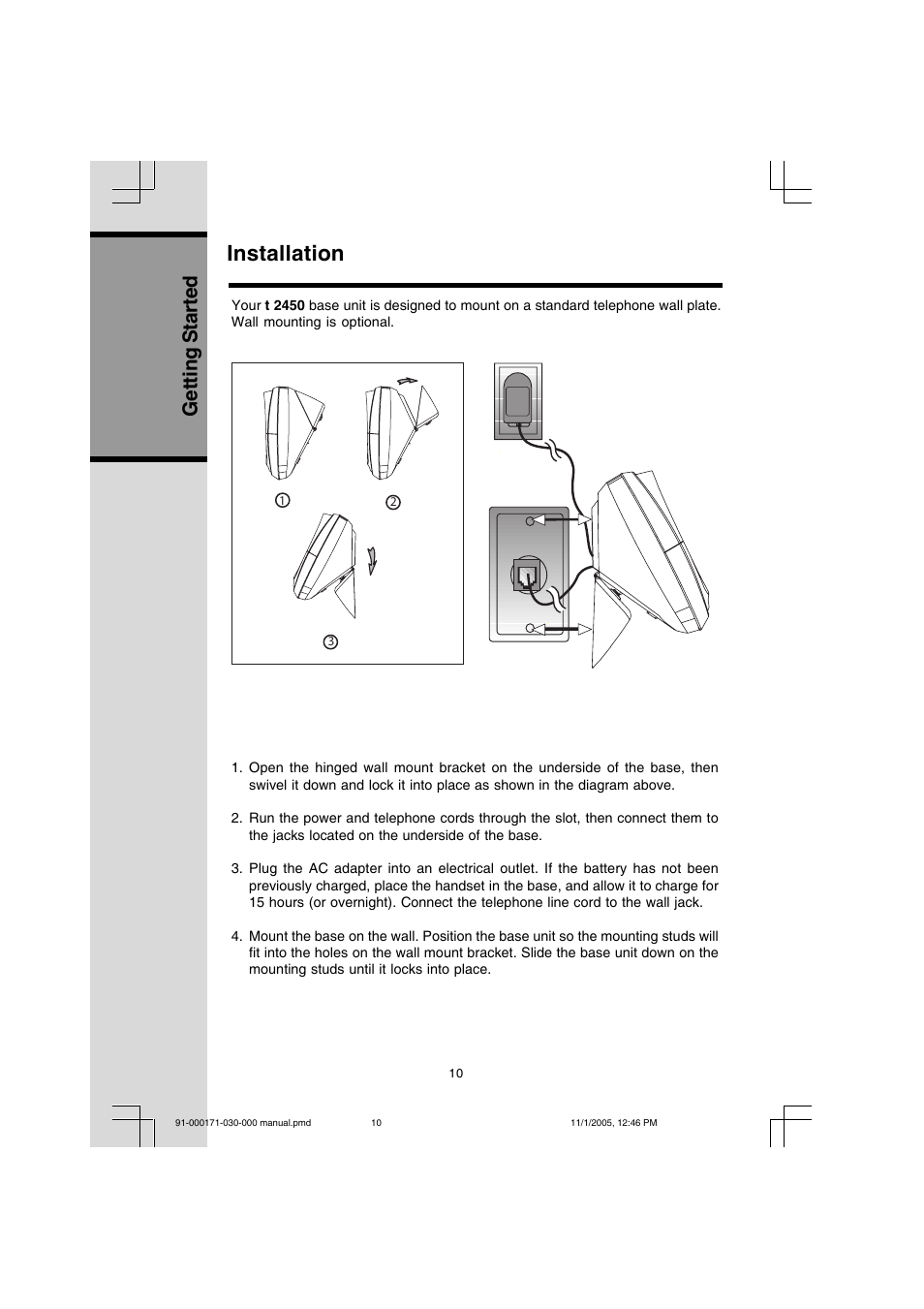 Installation, Getting started | VTech Cordless Telephone User Manual | Page 10 / 47