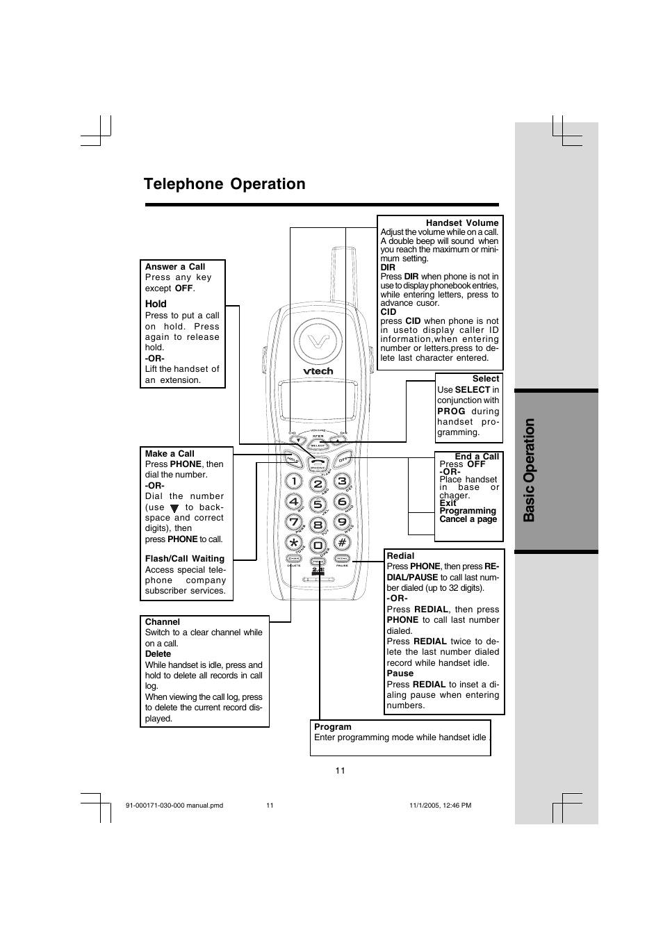 Telephone operation, Basic operation | VTech Cordless Telephone User Manual | Page 11 / 47