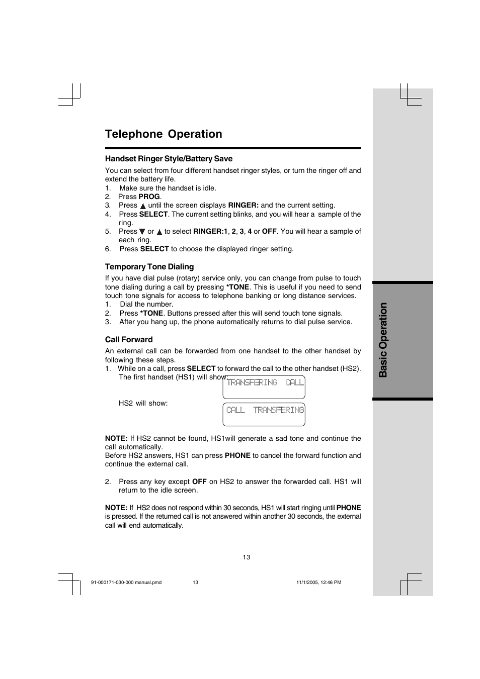 Telephone operation, Basic operation | VTech Cordless Telephone User Manual | Page 13 / 47