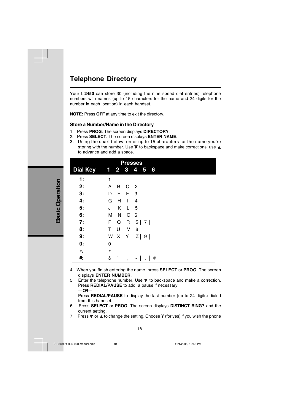 Telephone directory, Basic operation | VTech Cordless Telephone User Manual | Page 18 / 47