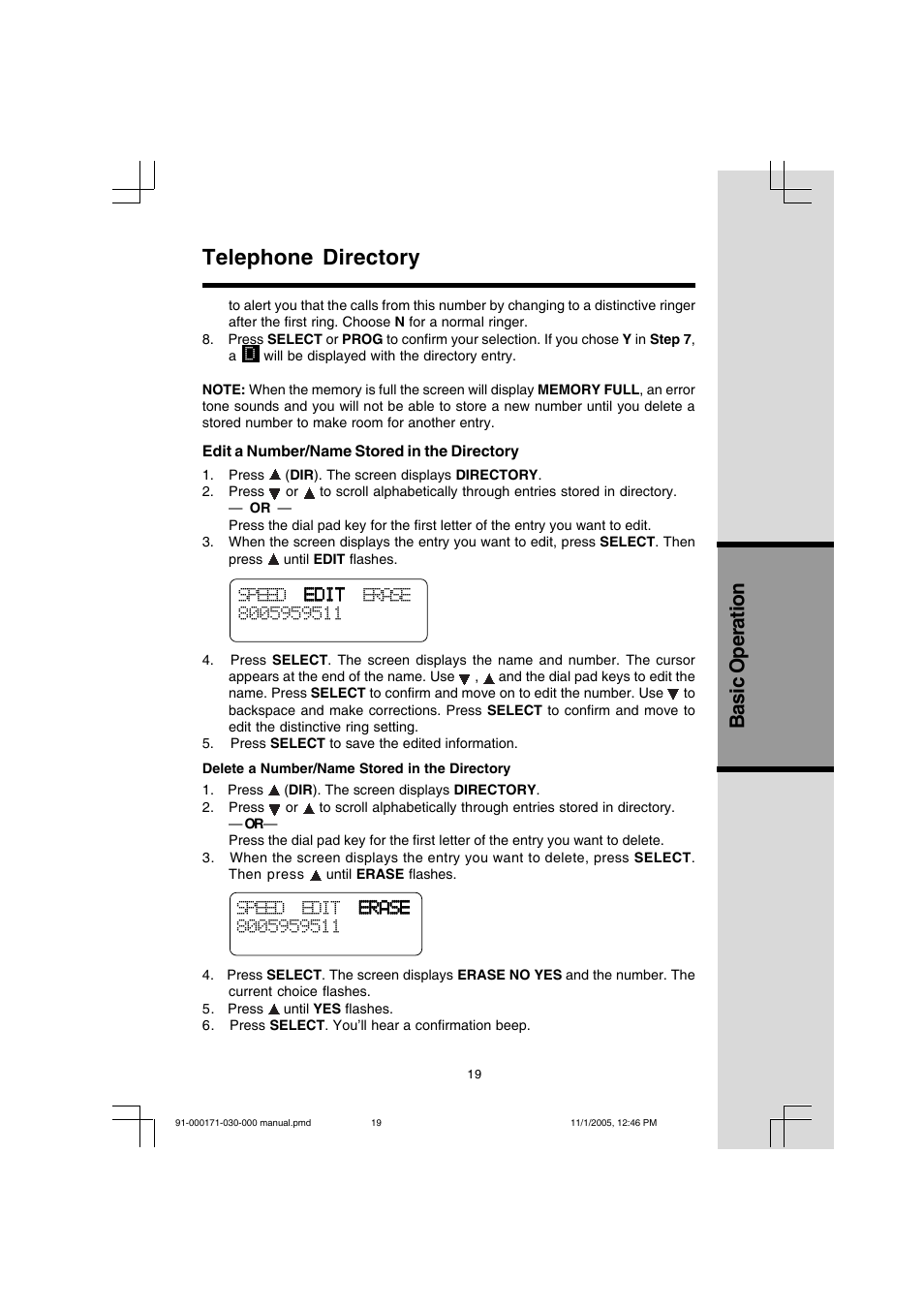 Telephone directory, Basic operation | VTech Cordless Telephone User Manual | Page 19 / 47