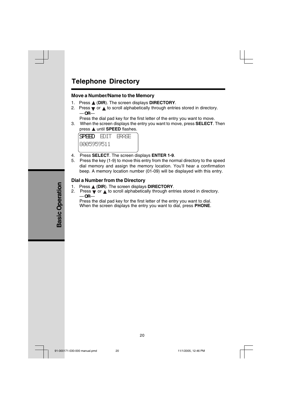 Telephone directory, Basic operation | VTech Cordless Telephone User Manual | Page 20 / 47