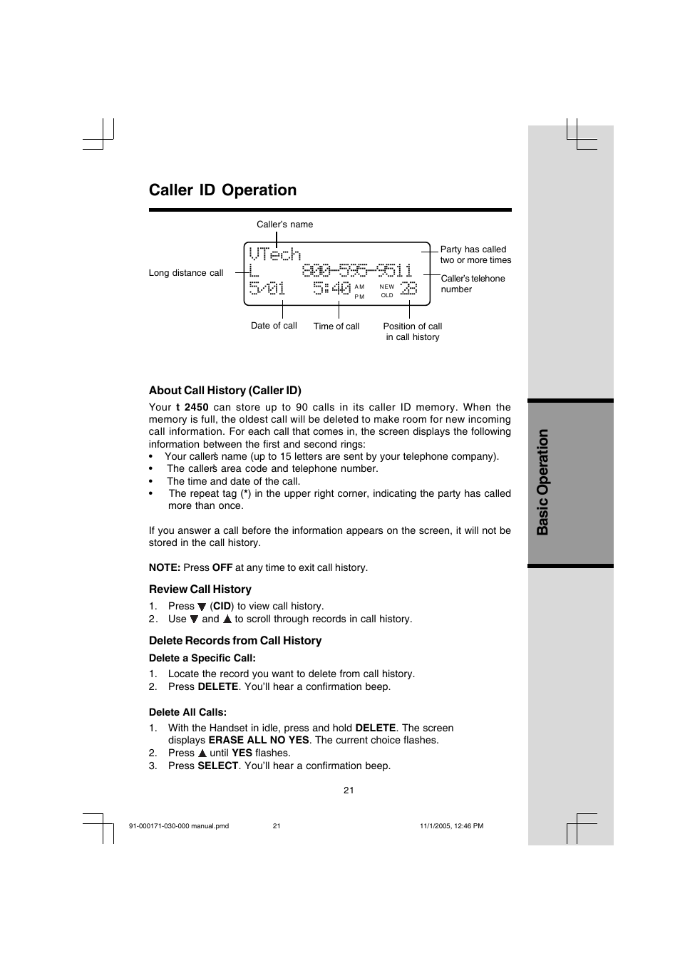 Caller id operation, Basic operation | VTech Cordless Telephone User Manual | Page 21 / 47