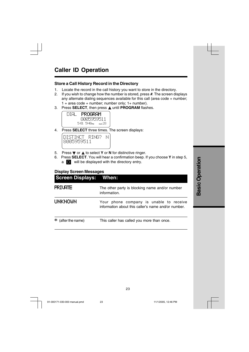 Caller id operation, Basic operation, Screen displays: when | VTech Cordless Telephone User Manual | Page 23 / 47