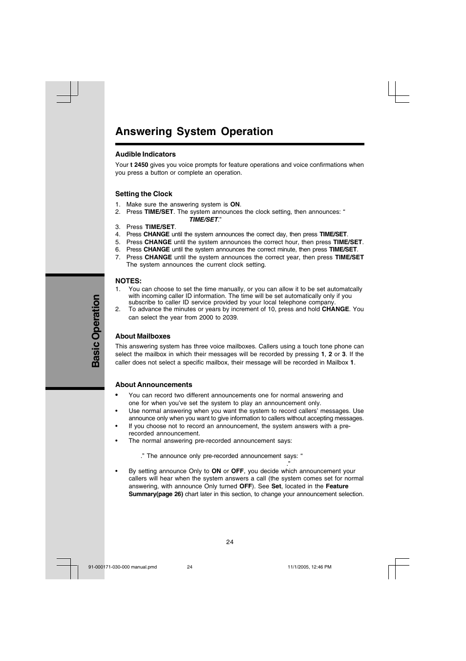 Answering system operation, Basic operation | VTech Cordless Telephone User Manual | Page 24 / 47