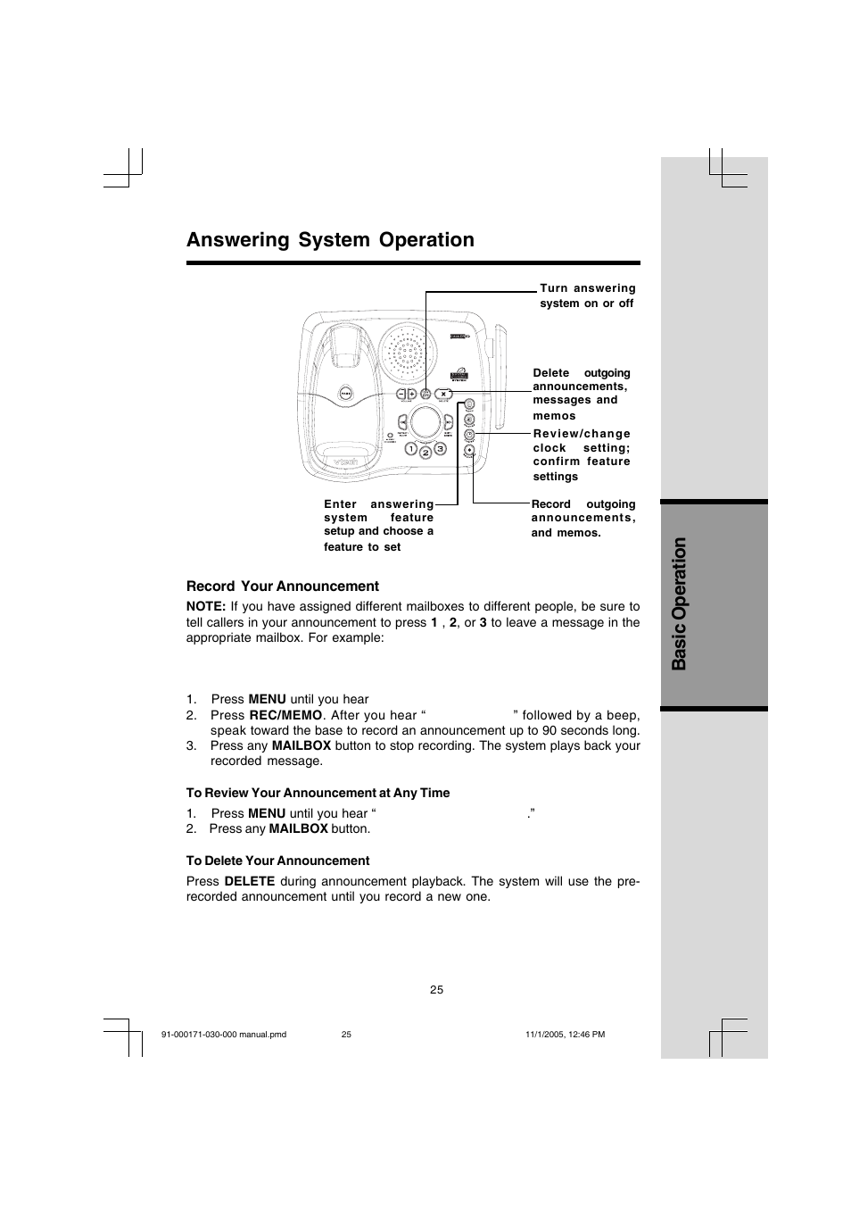 Answering system operation, Basic operation | VTech Cordless Telephone User Manual | Page 25 / 47