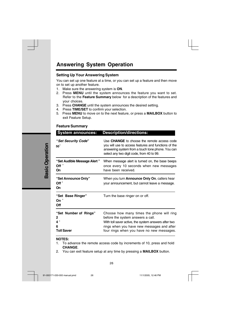 Answering system operation, Basic operation, System announces: description/directions | VTech Cordless Telephone User Manual | Page 26 / 47