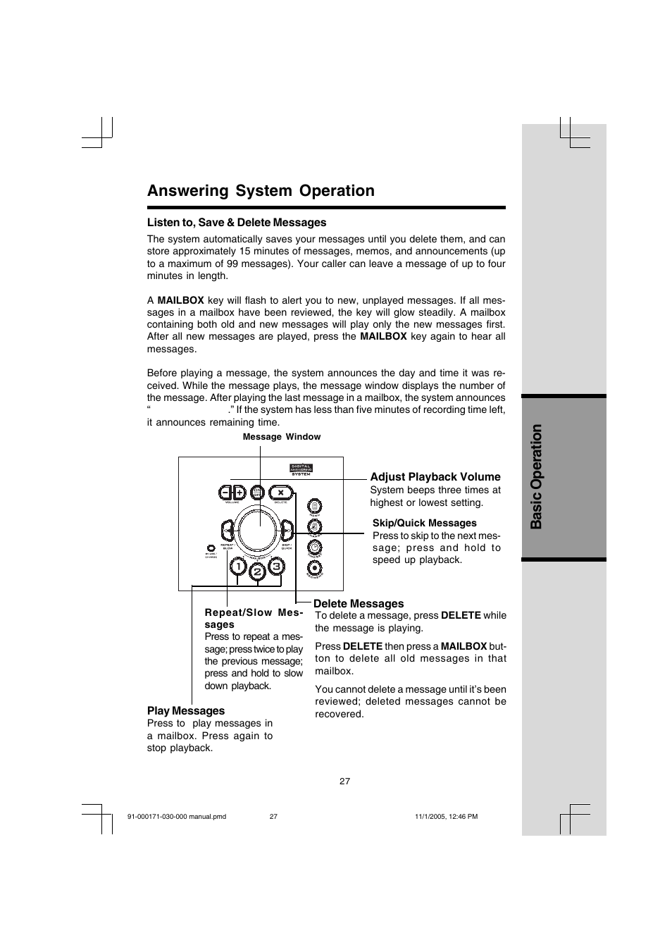 Answering system operation, Basic operation | VTech Cordless Telephone User Manual | Page 27 / 47