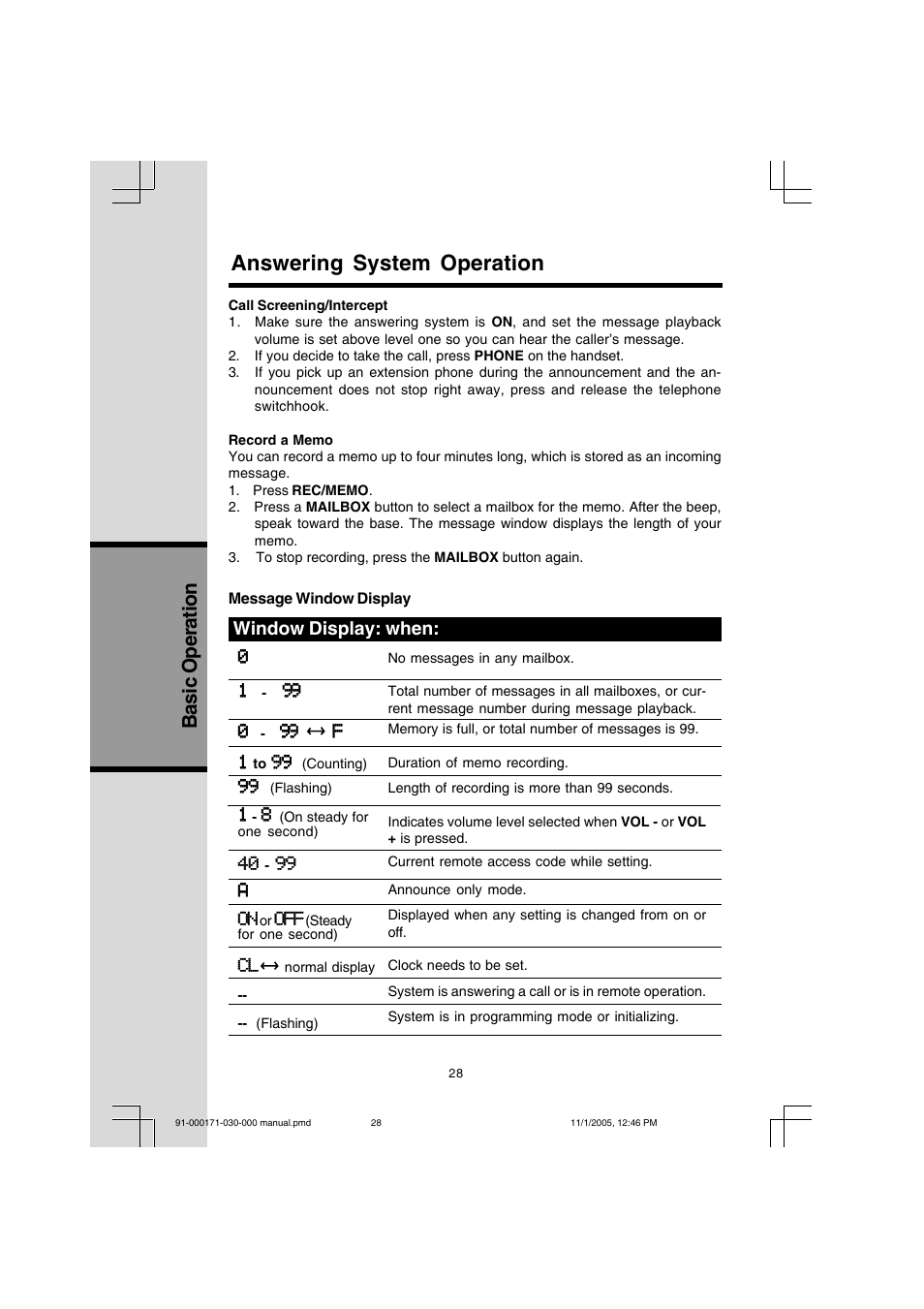 Answering system operation, Basic operation, Window display: when | VTech Cordless Telephone User Manual | Page 28 / 47