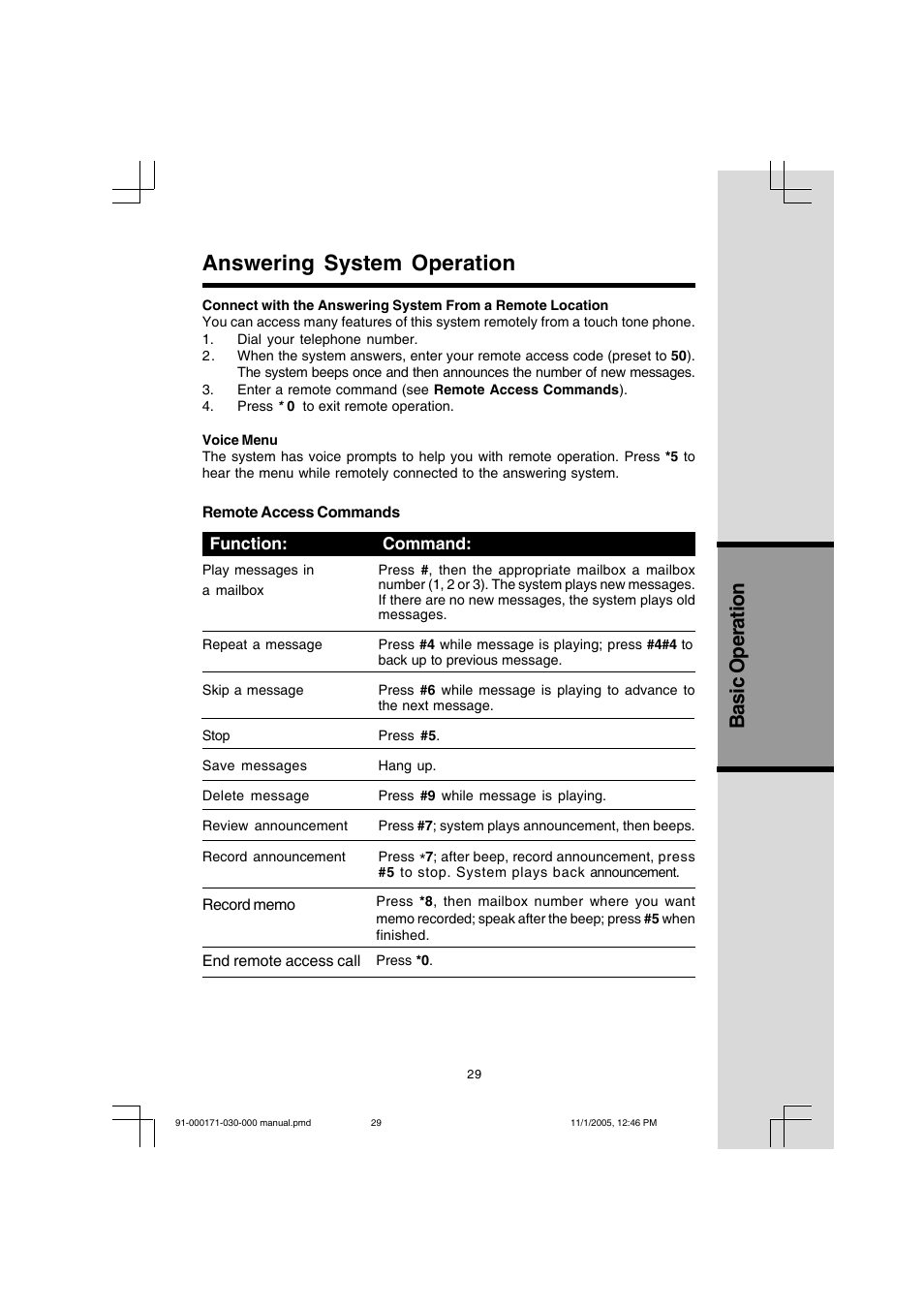 Answering system operation, Basic operation | VTech Cordless Telephone User Manual | Page 29 / 47