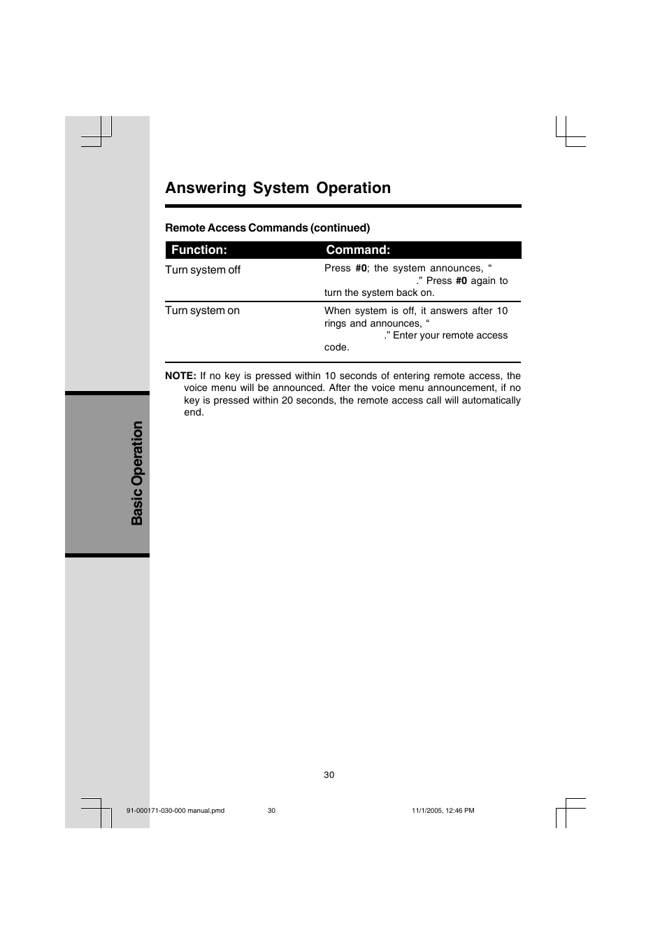 Answering system operation, Basic operation, Function: command | VTech Cordless Telephone User Manual | Page 30 / 47