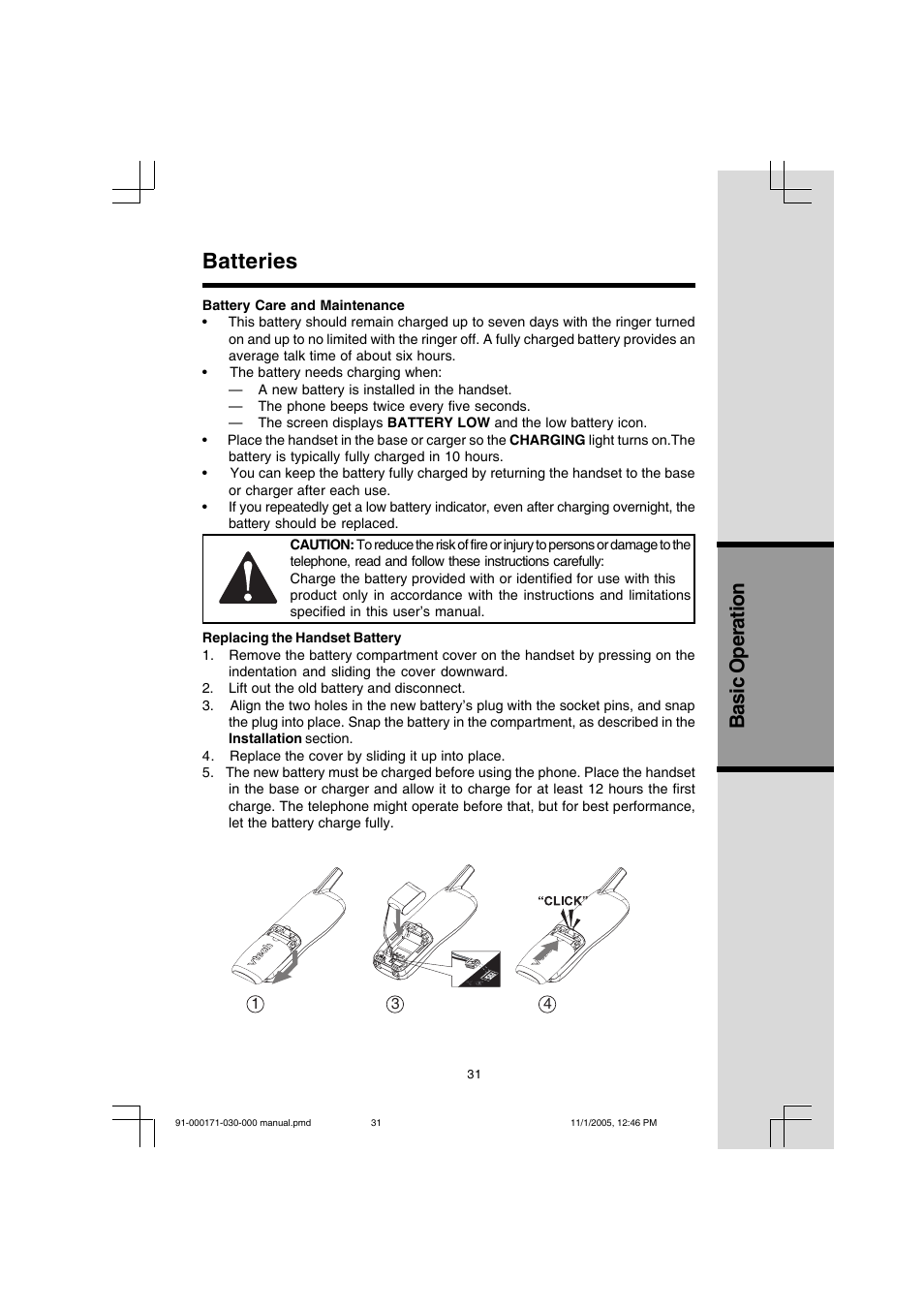 Batteries, Basic operation | VTech Cordless Telephone User Manual | Page 31 / 47