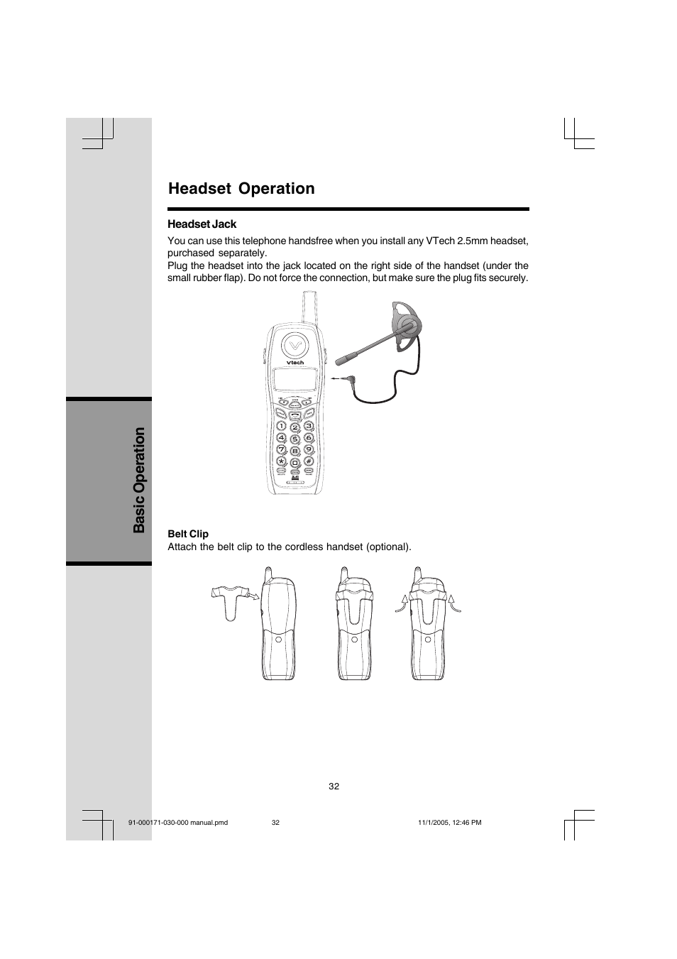 Headset operation, Basic operation | VTech Cordless Telephone User Manual | Page 32 / 47