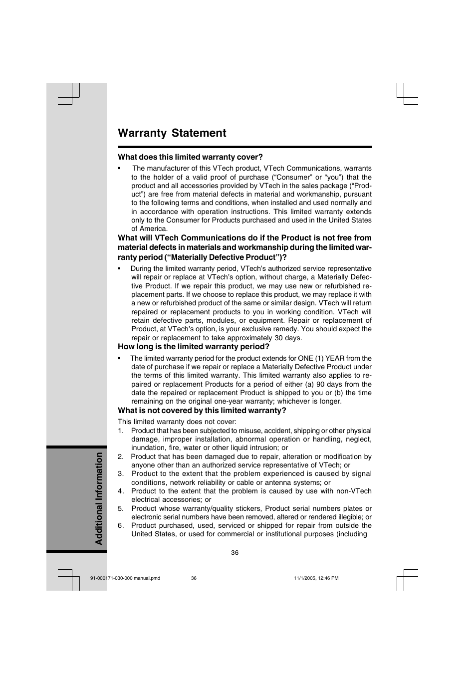 Warranty statement | VTech Cordless Telephone User Manual | Page 36 / 47