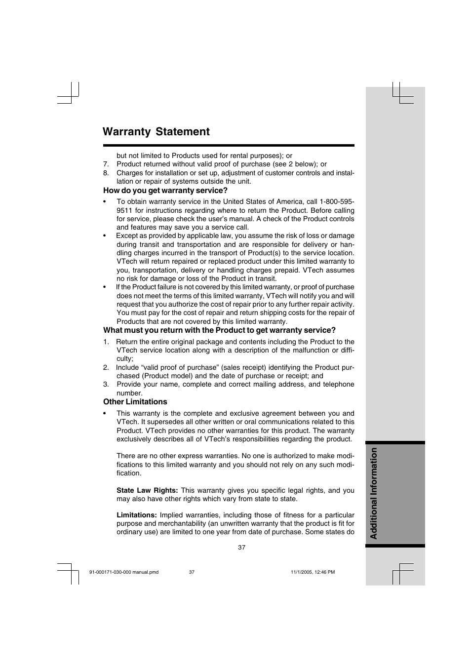 Warranty statement | VTech Cordless Telephone User Manual | Page 37 / 47