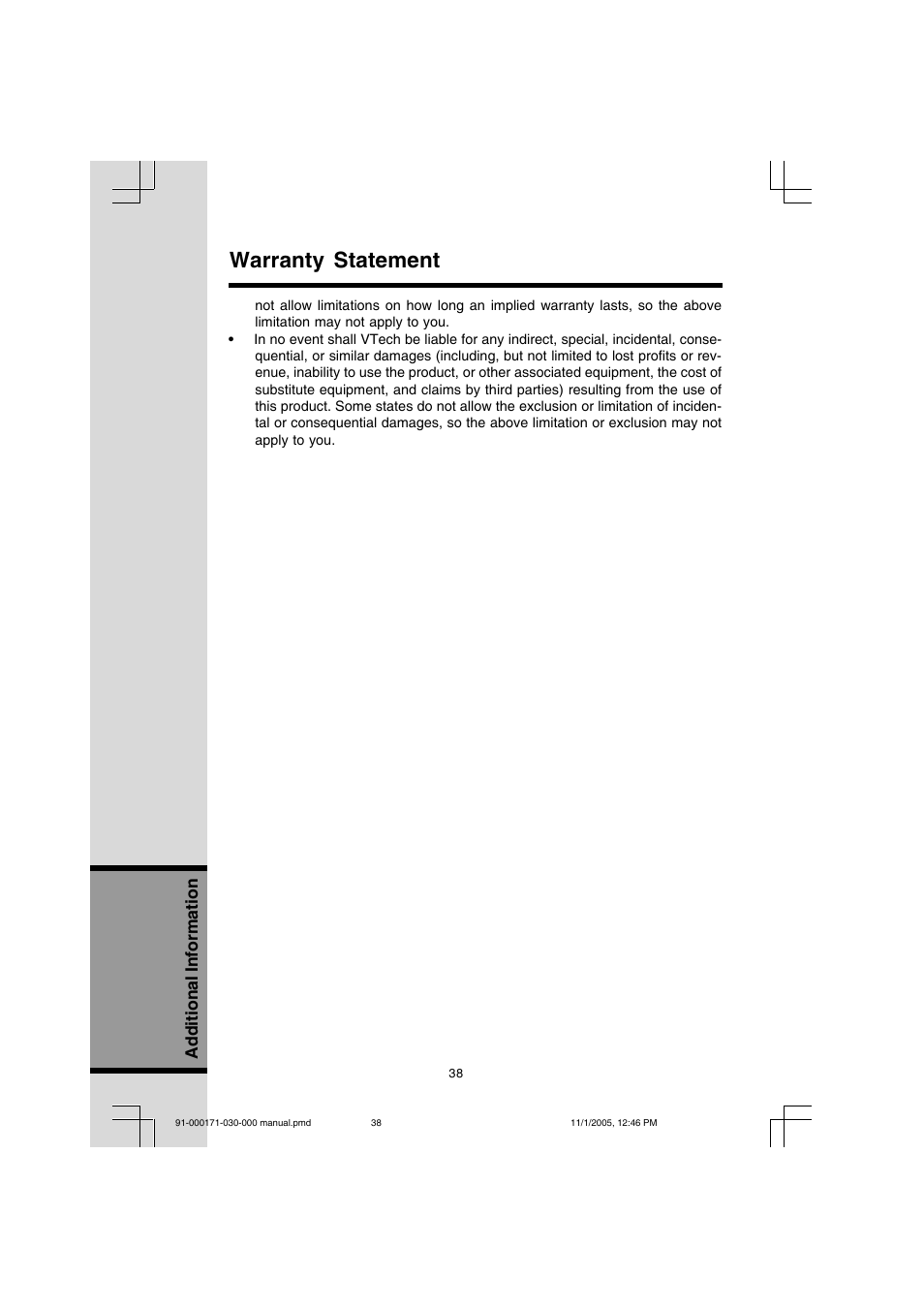 Warranty statement, Additional information | VTech Cordless Telephone User Manual | Page 38 / 47