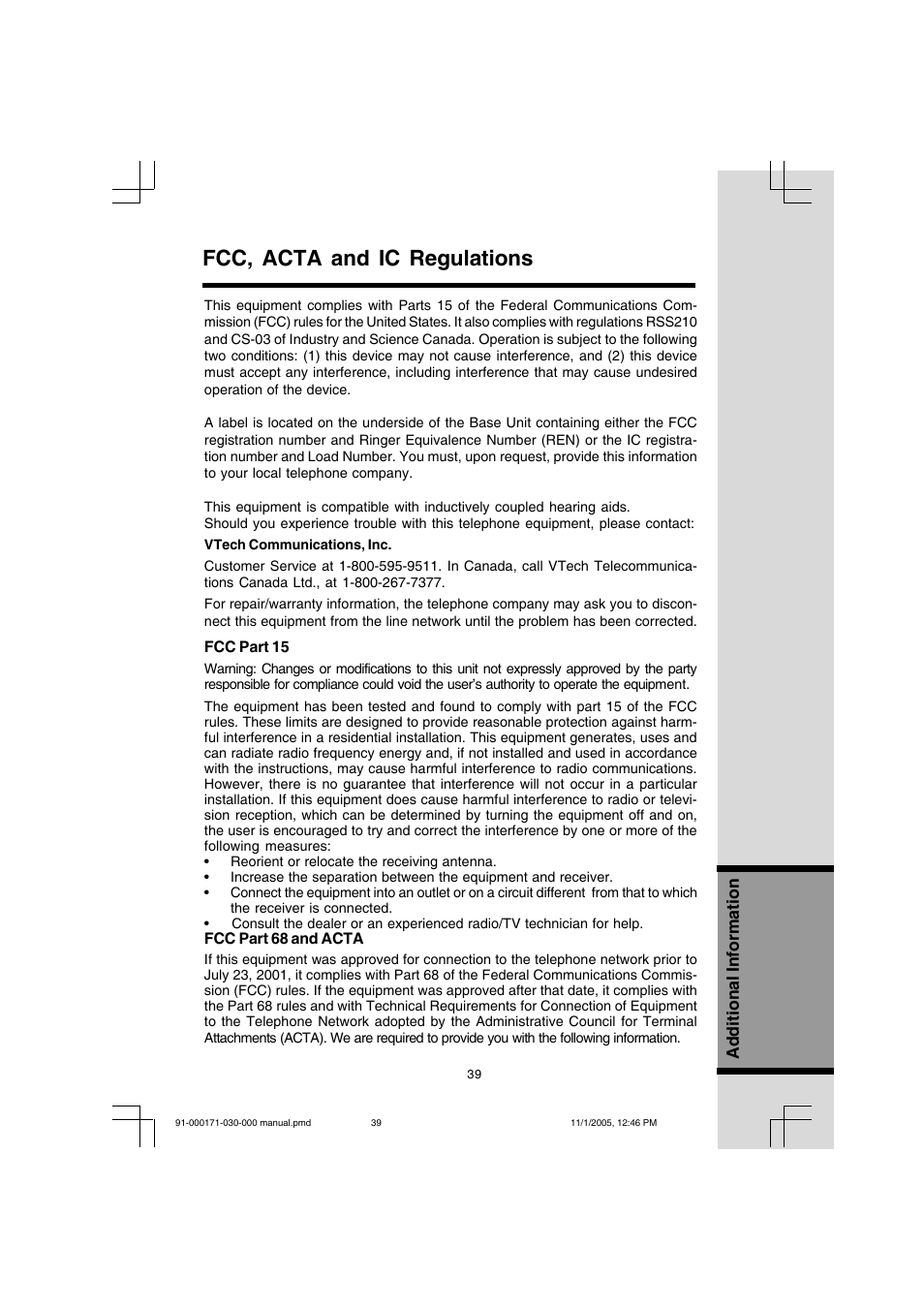 Fcc, acta and ic regulations | VTech Cordless Telephone User Manual | Page 39 / 47