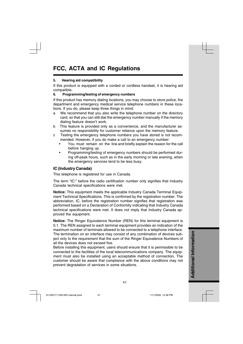 Fcc, acta and ic regulations | VTech Cordless Telephone User Manual | Page 41 / 47