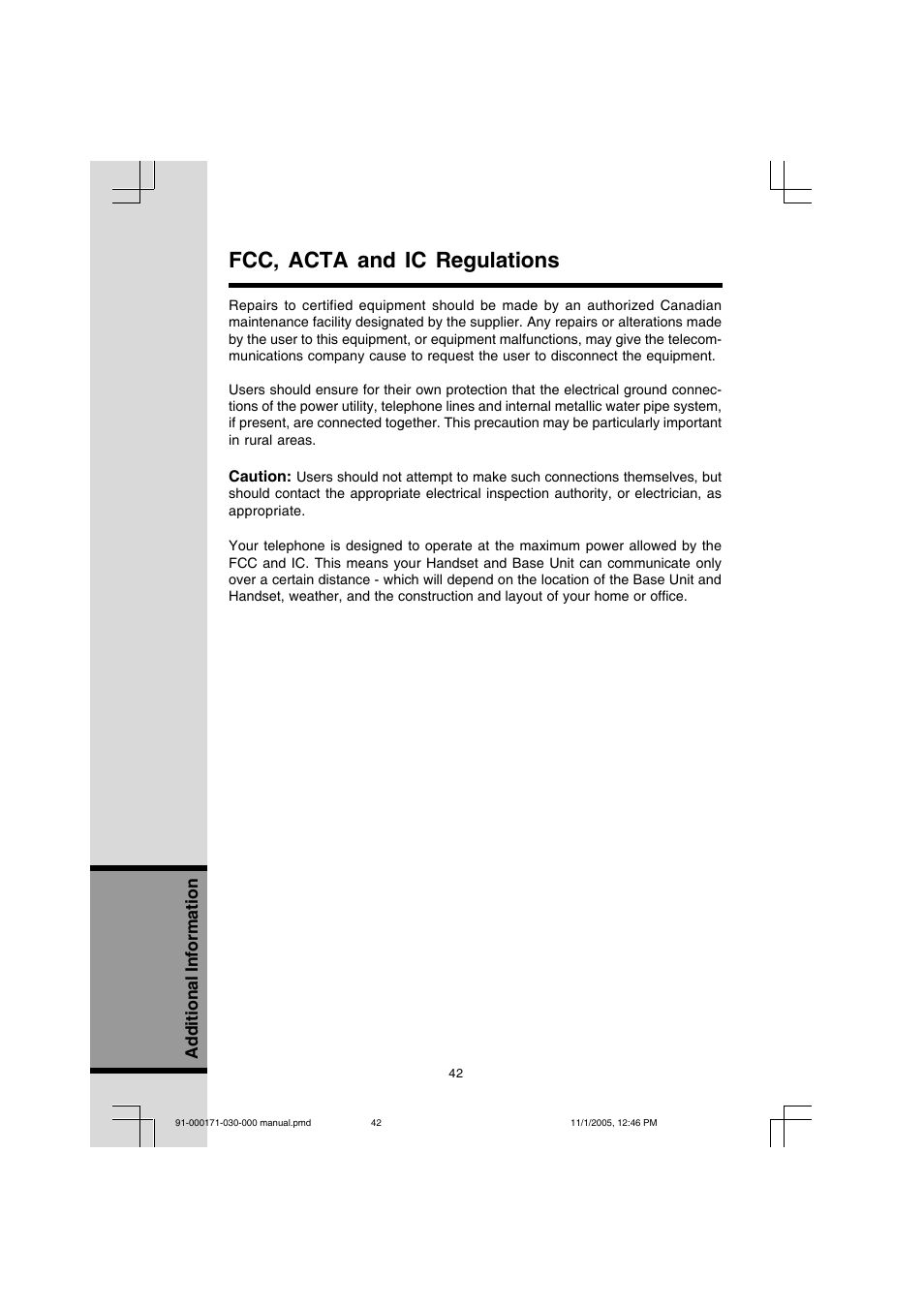 Fcc, acta and ic regulations | VTech Cordless Telephone User Manual | Page 42 / 47