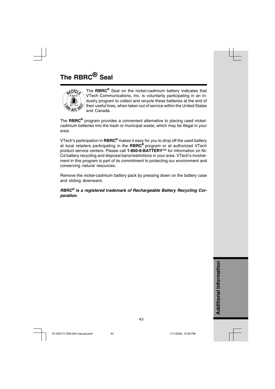 The rbrc® seal, Additional information | VTech Cordless Telephone User Manual | Page 43 / 47