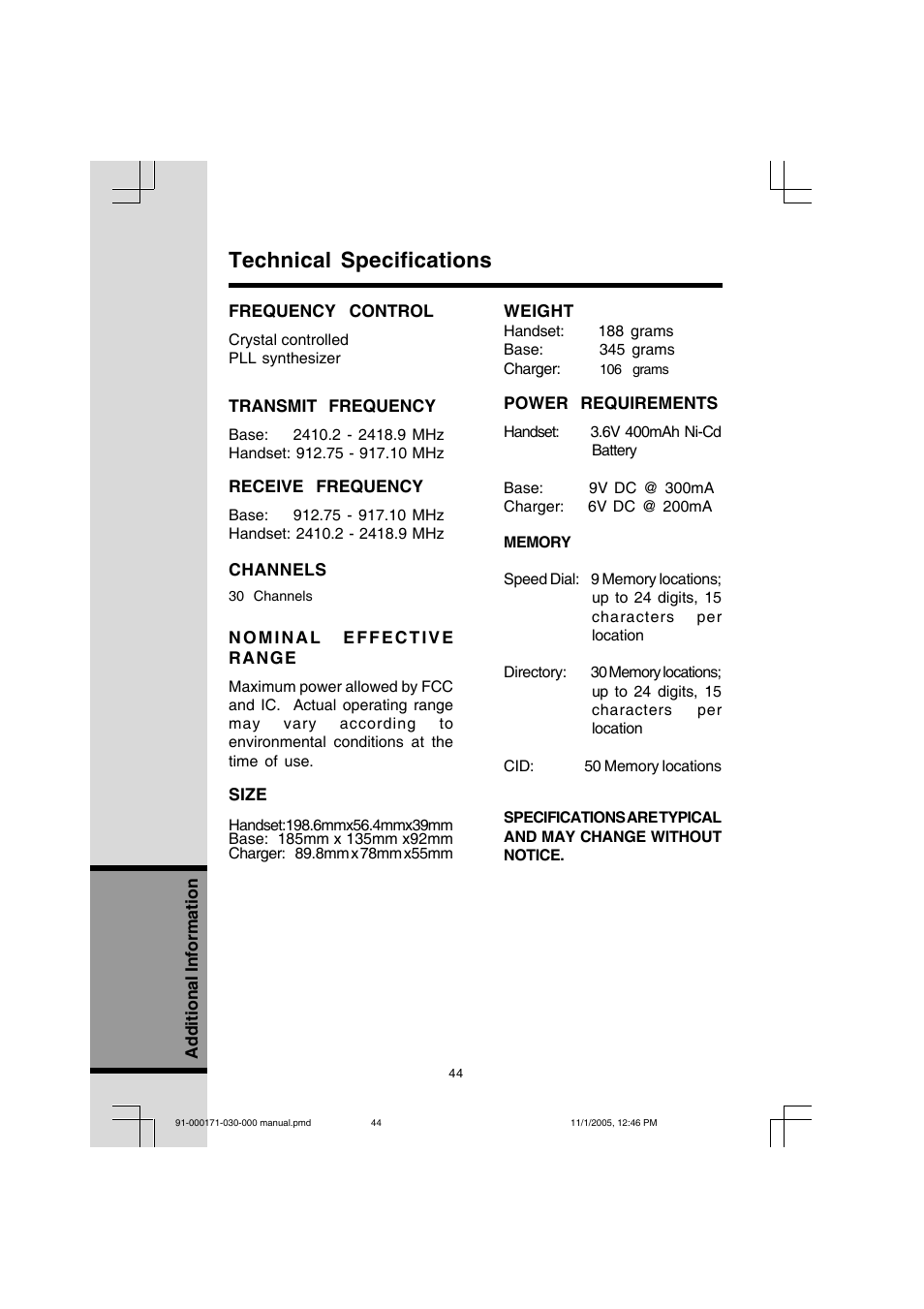 Technical specifications | VTech Cordless Telephone User Manual | Page 44 / 47