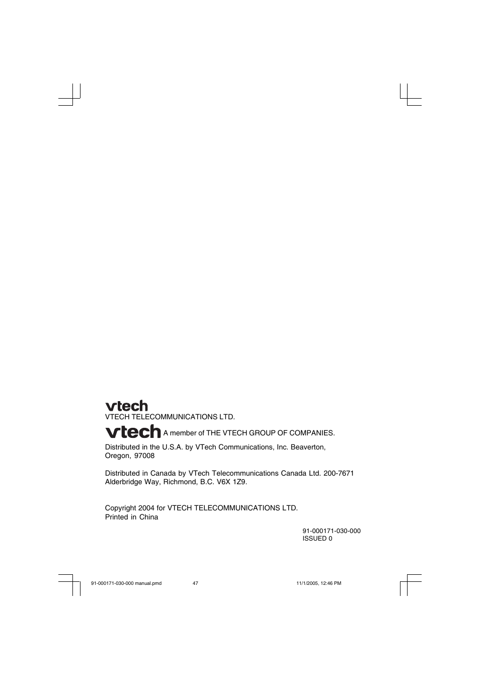 VTech Cordless Telephone User Manual | Page 47 / 47