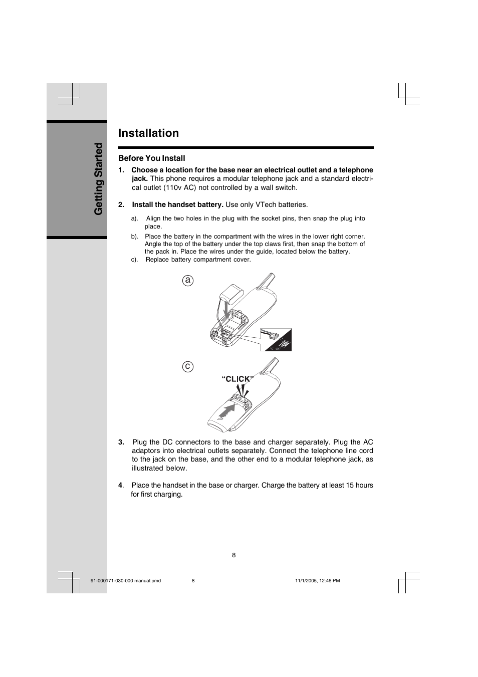 Installation, Getting started | VTech Cordless Telephone User Manual | Page 8 / 47