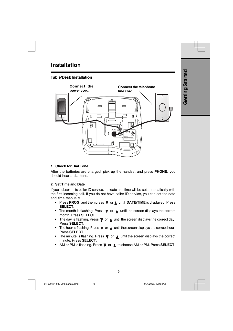 Installation, Getting started, Table/desk installation | VTech Cordless Telephone User Manual | Page 9 / 47