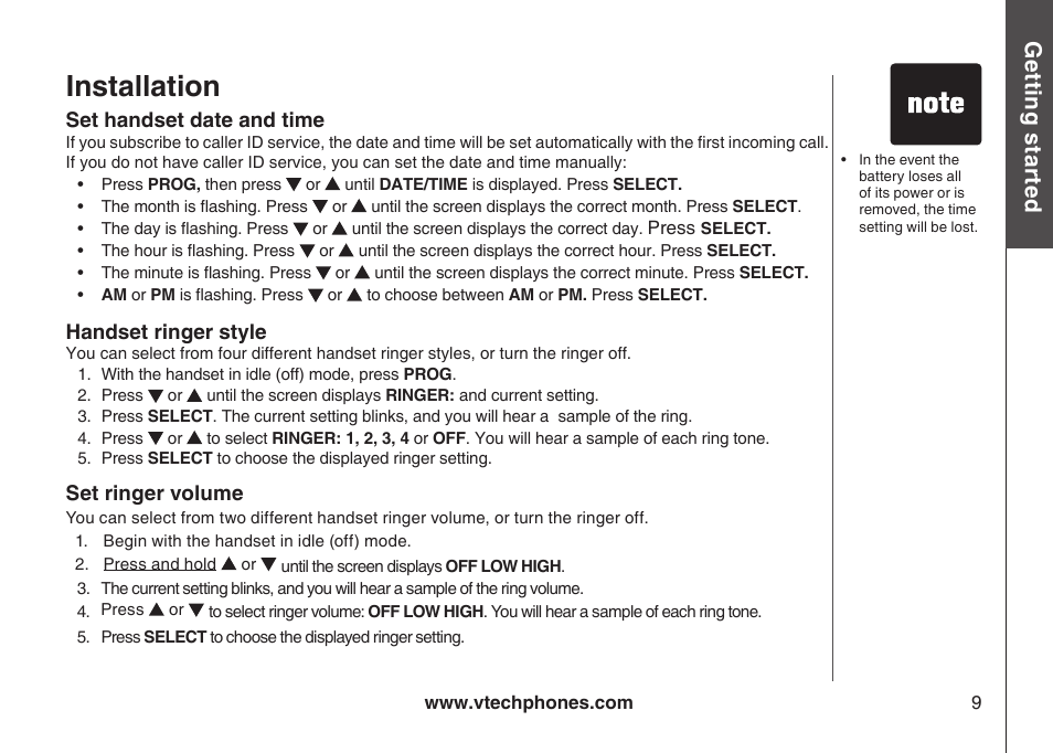 Installation, Gett in g s ta rte d | VTech ia5870 User Manual | Page 12 / 61