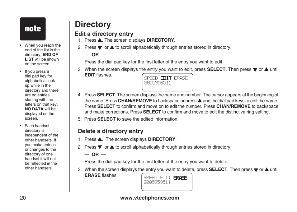 Directory, Edit a directory entry, Delete a directory entry | VTech ia5870 User Manual | Page 23 / 61