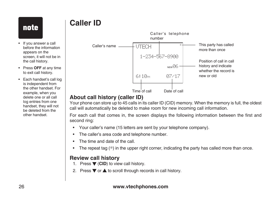 Caller id, About call history (caller id), Review call history | VTech ia5870 User Manual | Page 29 / 61