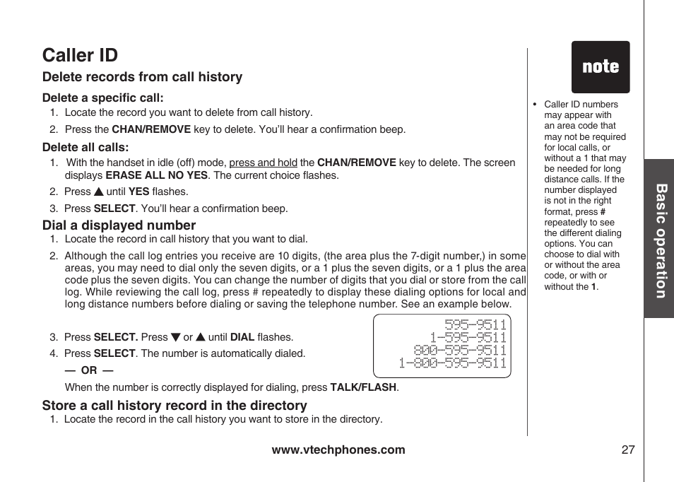 Caller id, Bas ic o pe ra tio n | VTech ia5870 User Manual | Page 30 / 61