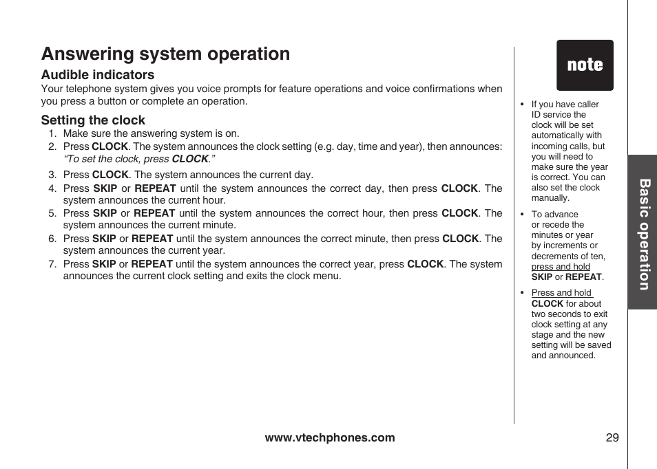 Answering system operation, Bas ic o pe ra tio n | VTech ia5870 User Manual | Page 32 / 61