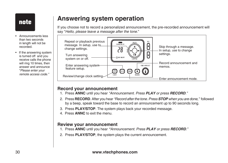Answering system operation, Record your announcement, Review your announcement | VTech ia5870 User Manual | Page 33 / 61
