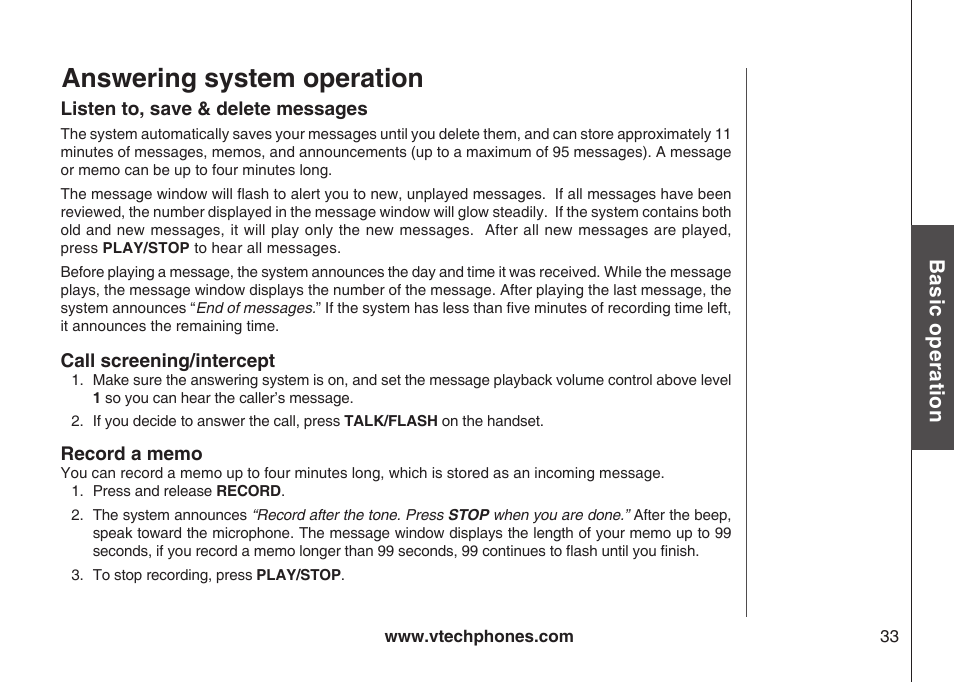 Answering system operation, Bas ic o pe ra tio n | VTech ia5870 User Manual | Page 36 / 61