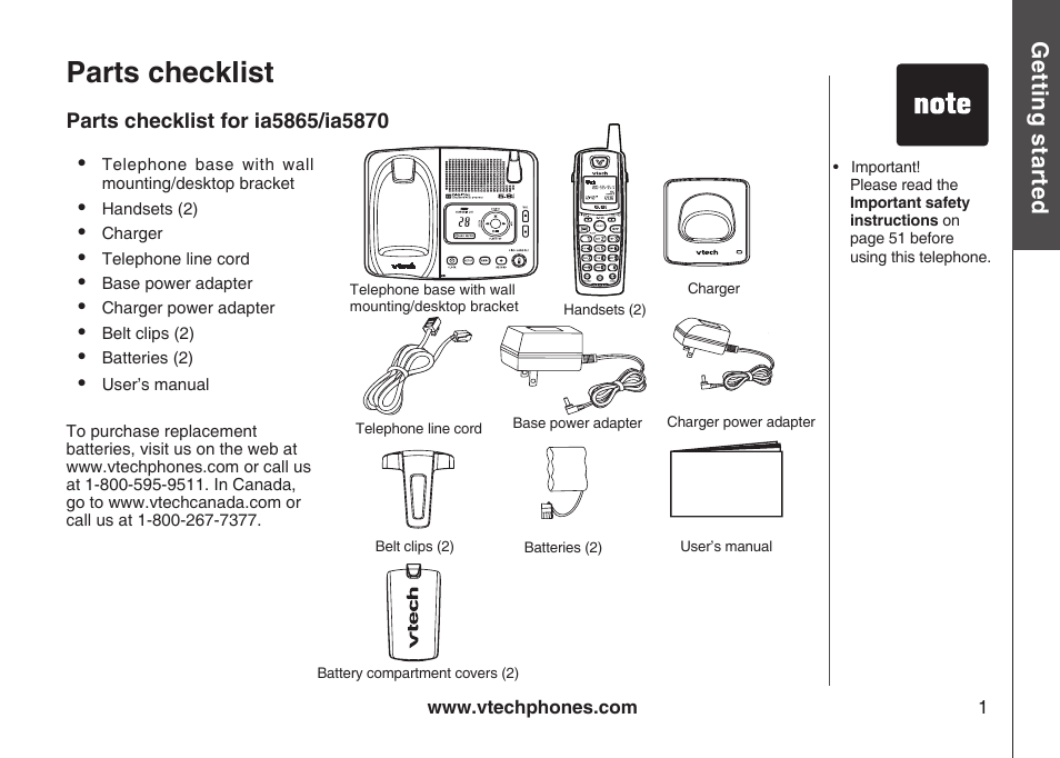 Parts checklist, Gett in g s ta rte d | VTech ia5870 User Manual | Page 4 / 61