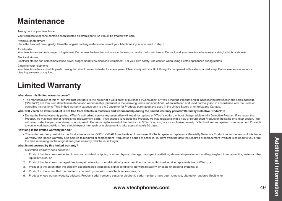 Maintenance, Limited warranty, Additional information | VTech ia5870 User Manual | Page 52 / 61
