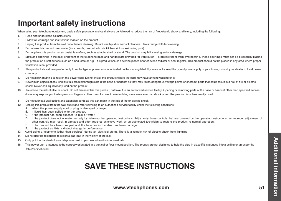 Important safety instructions, Save these instructions, Additional information | VTech ia5870 User Manual | Page 54 / 61