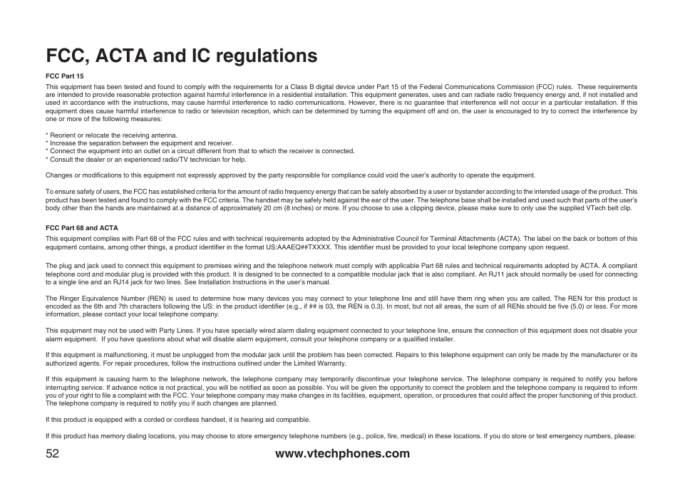 Fcc, acta and ic regulations | VTech ia5870 User Manual | Page 55 / 61
