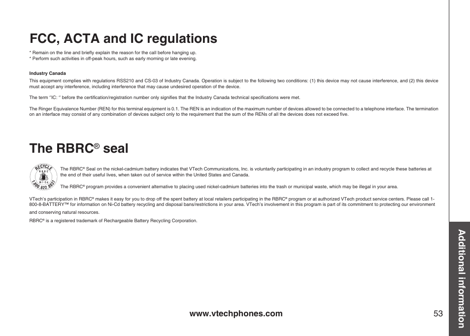 Fcc, acta and ic regulations, The rbrc, Seal | Additional information | VTech ia5870 User Manual | Page 56 / 61