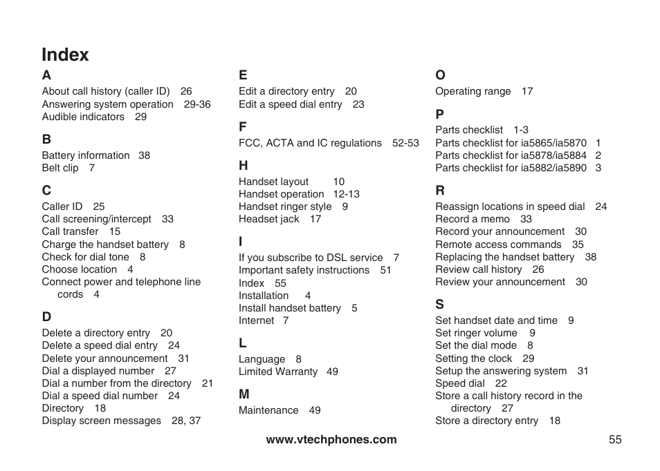 Index | VTech ia5870 User Manual | Page 58 / 61