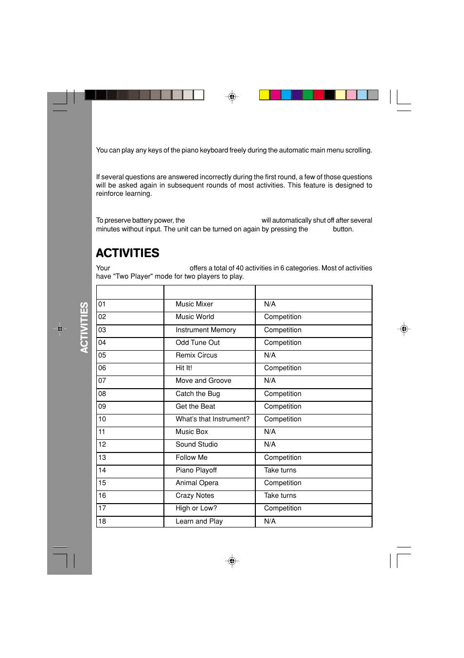 Activities, Free play, Progressive learning feature | Auto power off, Ac tiviti e s | VTech Nitro Jams Notebook User Manual | Page 10 / 19
