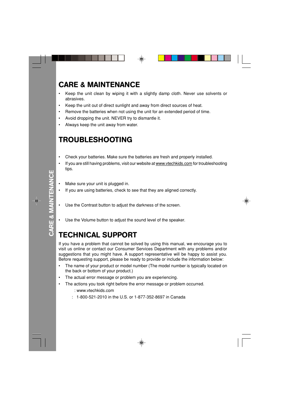 Care & maintenance, Troubleshooting, Technical support | Ca r e & mai nte nan c e | VTech Nitro Jams Notebook User Manual | Page 18 / 19