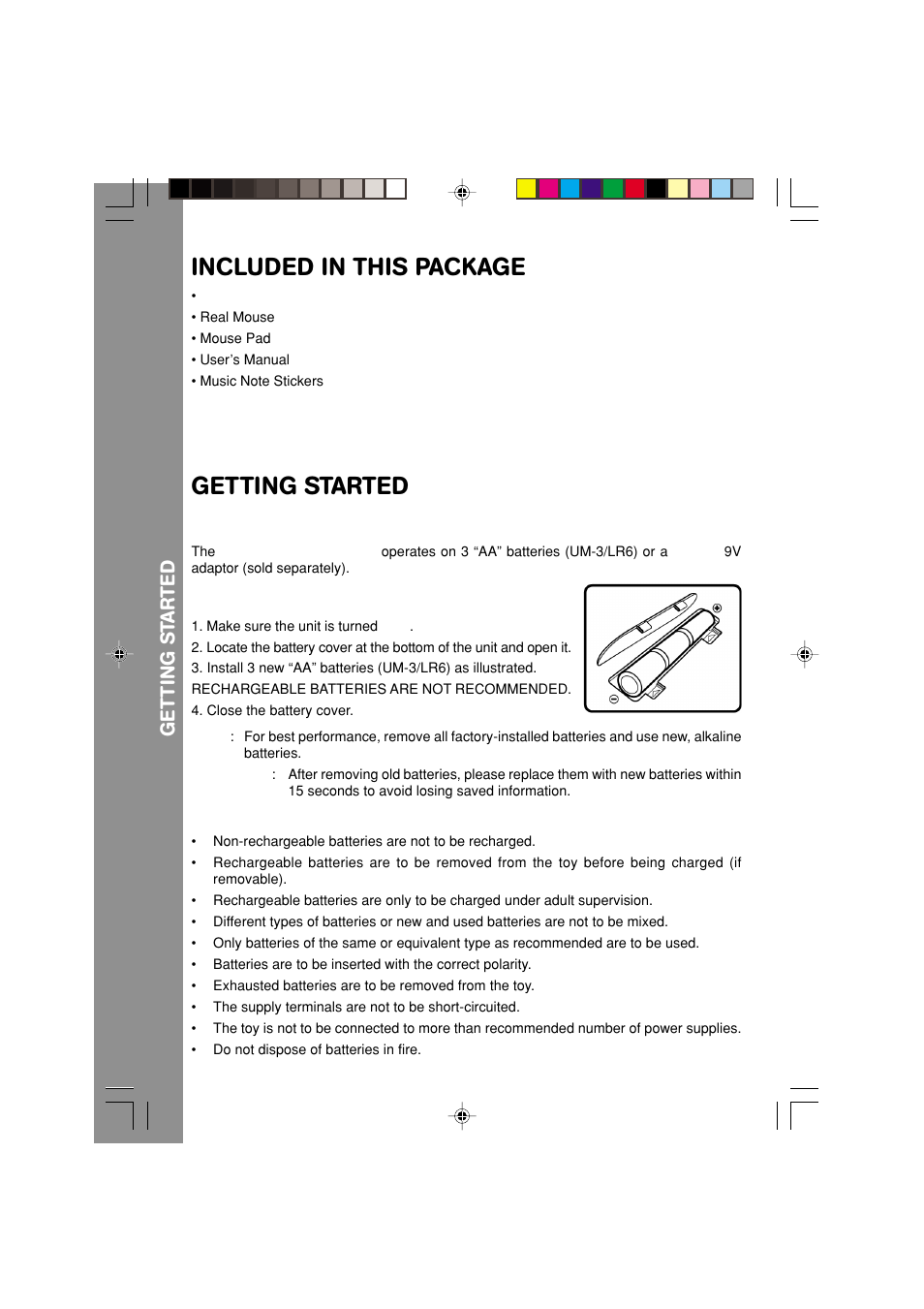 Included in this package, Getting started, Power source | Battery installation | VTech Nitro Jams Notebook User Manual | Page 4 / 19