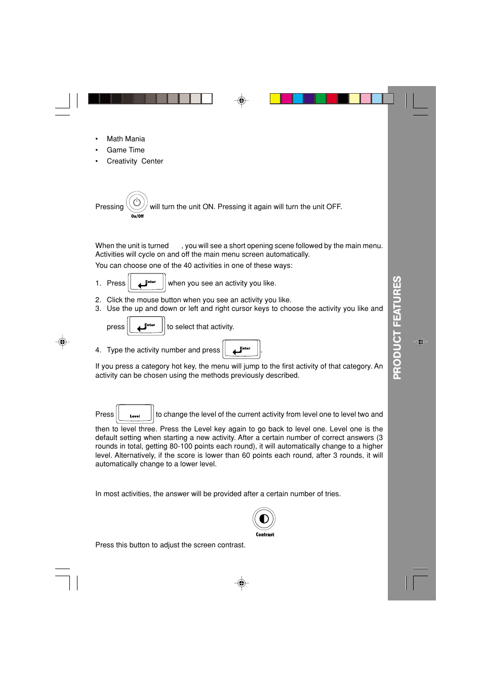 Turning the unit on and off, Activity selection, Level selection | Answers, Contrast control button | VTech Nitro Jams Notebook User Manual | Page 7 / 19