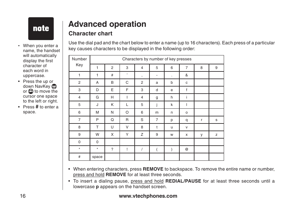 Advanced operation, Character chart | VTech I6717 User Manual | Page 19 / 48