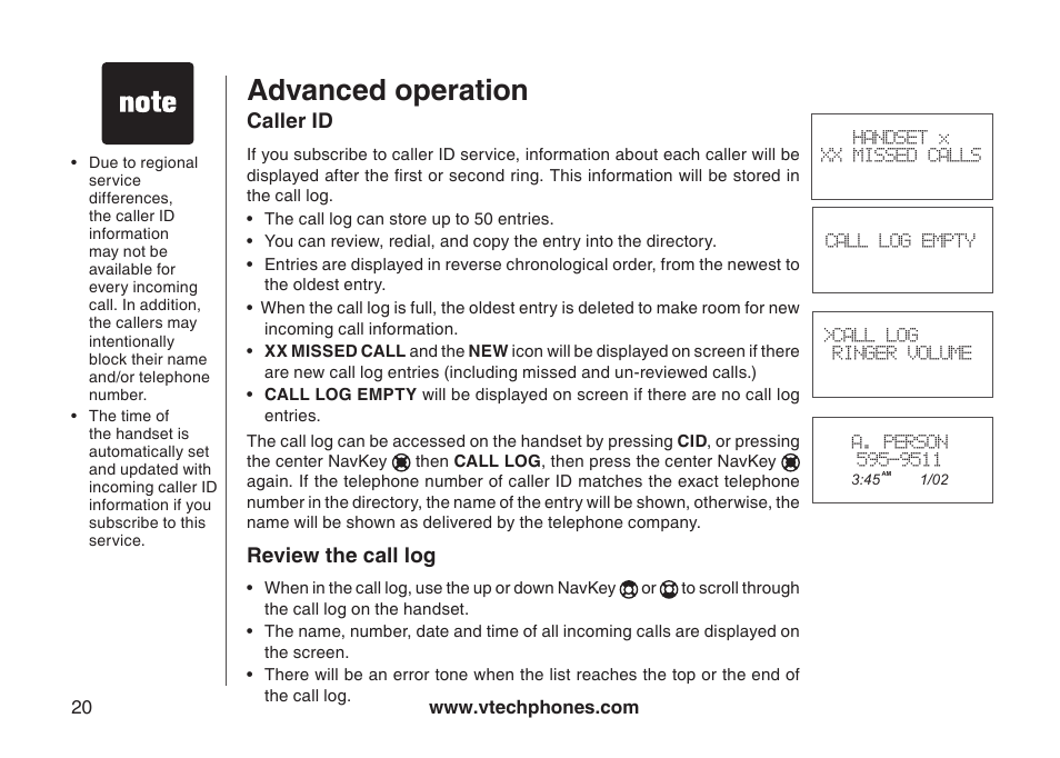 Advanced operation, Caller id, Review the call log | VTech I6717 User Manual | Page 23 / 48