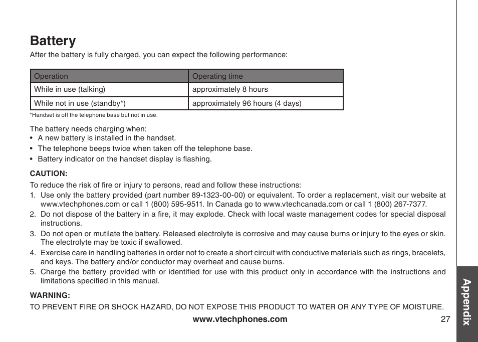 Battery, Appendix | VTech I6717 User Manual | Page 30 / 48