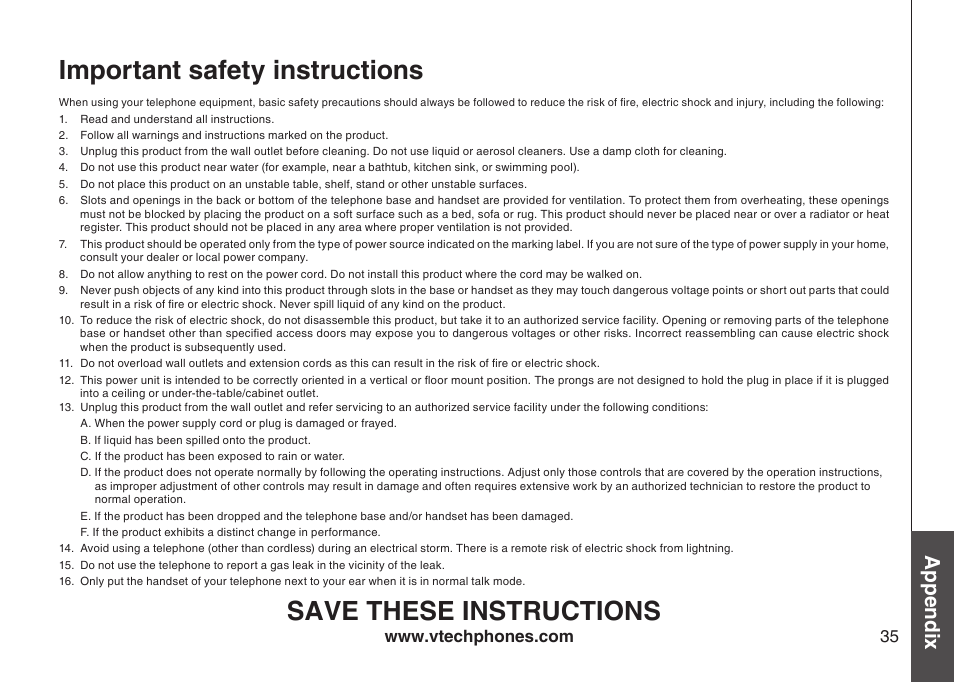 Important safety instructions, Save these instructions, Appendix | VTech I6717 User Manual | Page 38 / 48